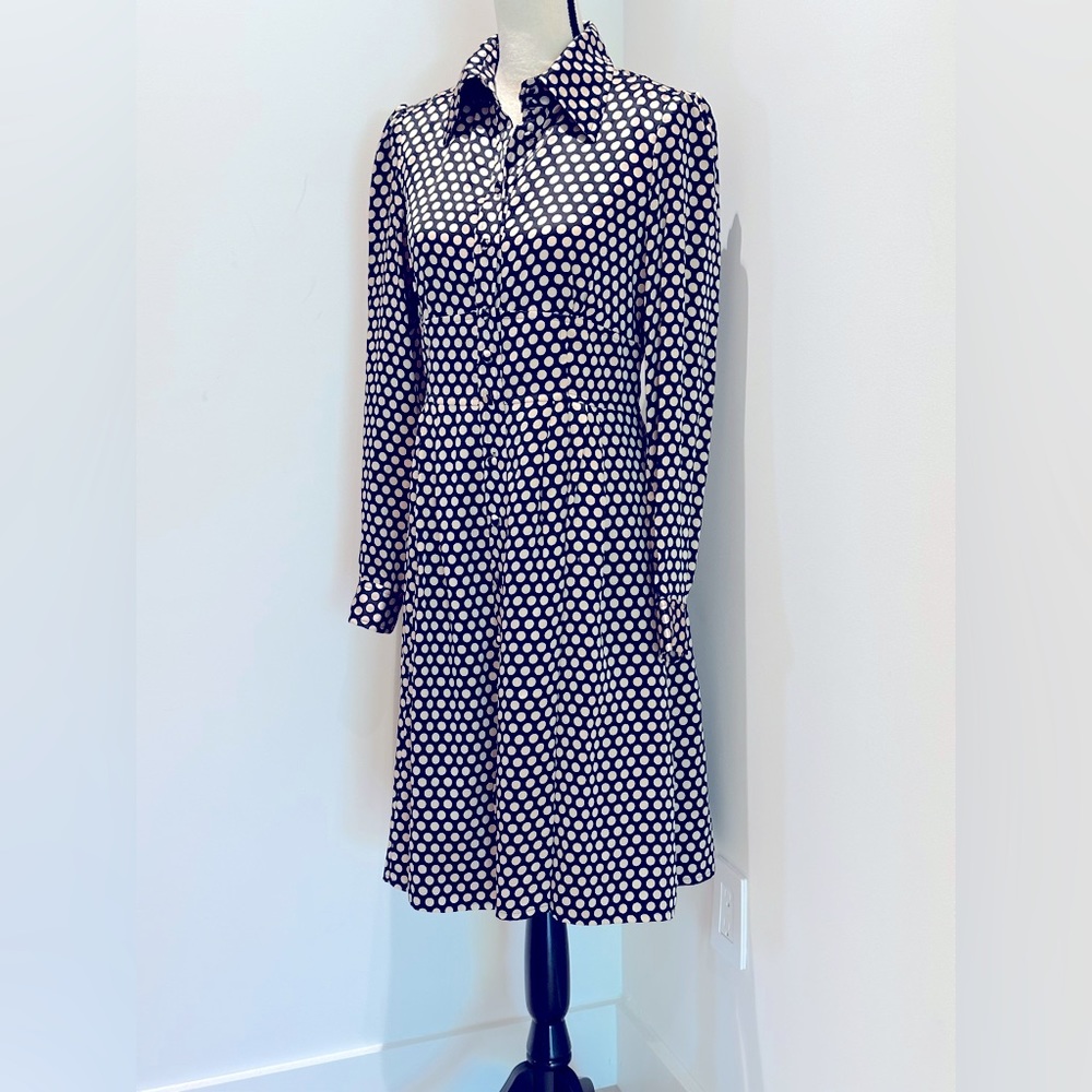 Nanette Lepore Silk Shirt Dress Size 8 Black Cream Polka Dot Button Front